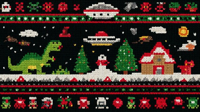 Ugly Christmas sweater front design in retro pixel art with dinosaurs, UFOs, aliens in Santa hats, funny parody holiday motifs and festive patterns on solid black background