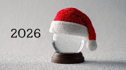 Christmas snow globe with Santa hat and the year 2026 on a snowy surface.