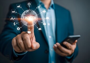 A person touching a digital globe with fintech icons while holding a smartphone in their hand
