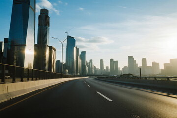 Fototapeta premium Sunlit urban road with modern skyscrapers in the background