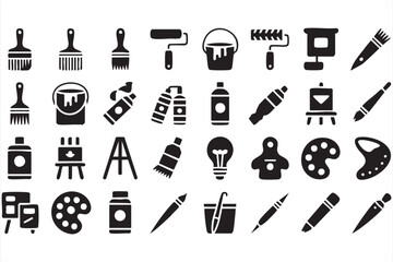 Vector set of art tools icons including paintbrush, palette, easel, and creative supplies
