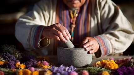Elder prepares natural remedies with mortar and pestle surrounded by dried flowers.