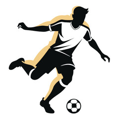 Naklejka premium Dynamic Black Soccer Player Silhouette Kicking Classic Ball Gold Outline Vector
