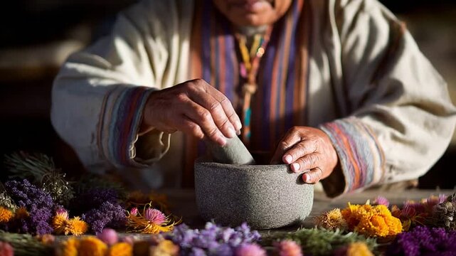 Elder prepares natural remedies with mortar and pestle surrounded by dried flowers.