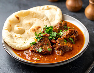 A steaming plate of fahsah, a spicy goat stew, is served with injera bread.