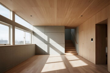 Bright and spacious wooden interior with large windows and concrete walls