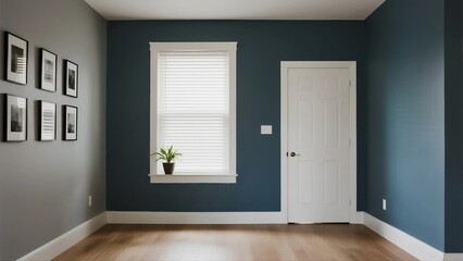 Fototapeta premium A cozy room with blue walls, a white door, and a window with blinds