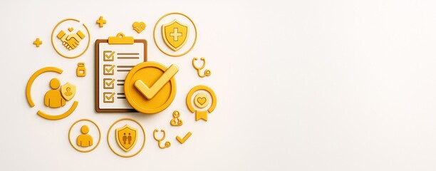 Healthcare and medical insurance icons with checklist and approval mark on light background for copyspace and advertising template concept.