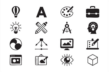 Digital art vector illustrations including computer, light bulb, and design equipment