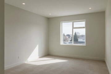 Empty room with large window and neutral colored walls