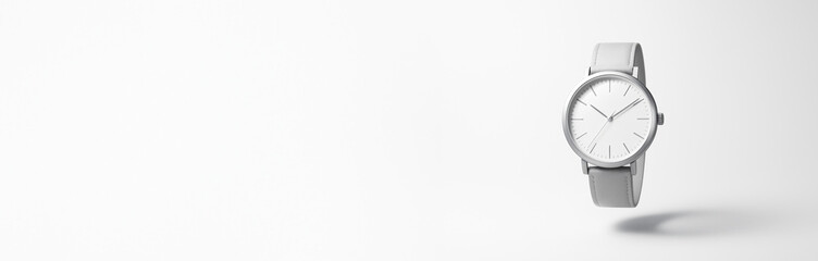 Minimalist analog wristwatch with white face and gray band on clean background, perfect for design mockups, banner or poster templates. Ai generative