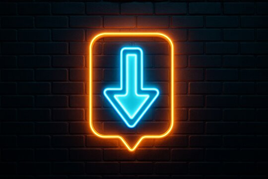 Neon glowing download arrow sign with bright orange and blue lights on a dark brick wall background for digital concepts and modern design mockups. Ai generative - Powered by Adobe