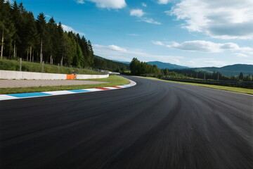 Smooth asphalt racing track with green surroundings under a clear sky