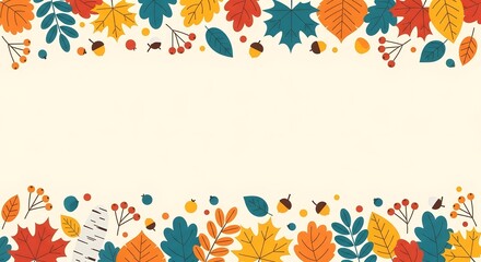 Autumn fall leaves border decoration with acorns and berries on a light cream background, perfect for seasonal greetings and designs