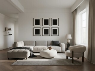 Modern Living Room with Neutral Tones and Geometric Wall Art