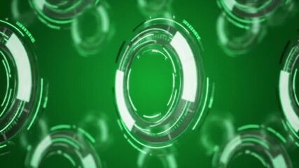Futuristic digital rings floating on a vibrant green background. - Powered by Adobe