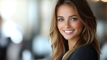 Obraz premium Young woman with radiant smile and wavy brown hair wearing black blazer against blurred background, expressing confidence and professionalism in business setting.