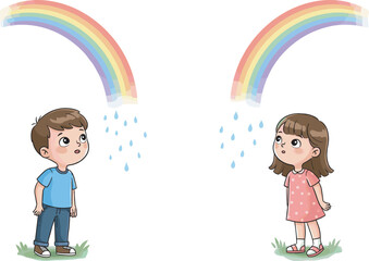 Cute children looking at colorful rainbow with raindrops, boy and girl standing outdoors, nature illustration, happiness, weather, childhood imagination, cartoon
