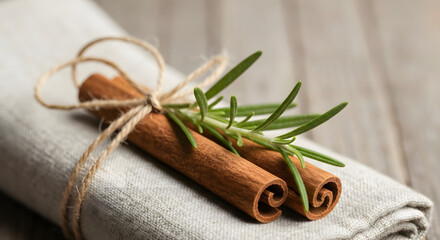 Cinnamon sticks and fresh rosemary sprig tied with twine on a light linen cloth with a rustic wooden background