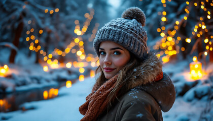 Woman in Winter Wonderland: Festive Lights and Snowy Forest