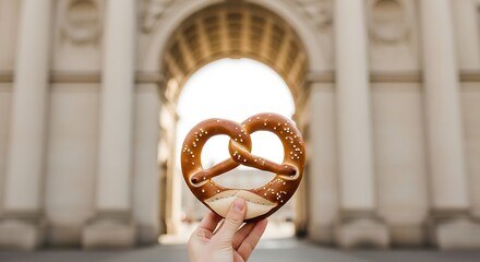 A Handheld Pretzel in Front of an Archway.