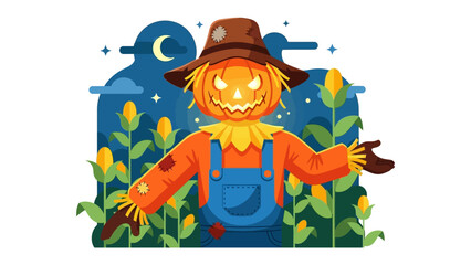 Nighttime Scarecrow: A glowing pumpkin head scarecrow stands amidst tall cornstalks under the night sky, embodying the spirit of autumn and the eerie charm of Halloween.