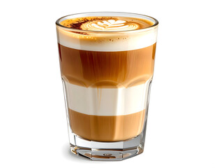 A layered latte art coffee drink in a clear glass, showcasing its beautiful design