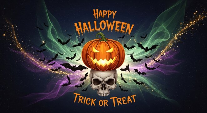 halloween pumpkin and skull with flying bats at night, scary background with "Happy Halloween. Trick or treat" message