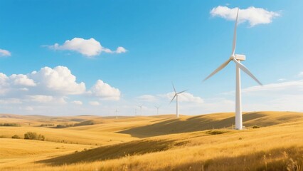Wind turbines in vast golden field under clear blue sky