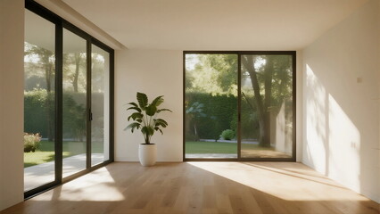 Fototapeta premium Bright and spacious room with large glass doors and indoor plant