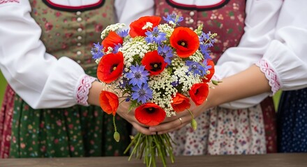 Floral Bouquet Held by Two Women in Traditional Clothing.