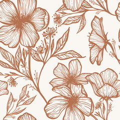 Seamless floral linear vector concise vintage retro handmade pattern for fabric design, ceramics, postcards, flowers, textured printing on a light background