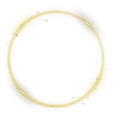 Golden glowing circle with fiery light trail and sparkling dust effect. Vector illuminated round frame isolated on transparent background for celebration, festive design, luxury banner or decoration.