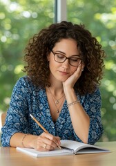 Woman with curly hair writing in a notebook at a desk.