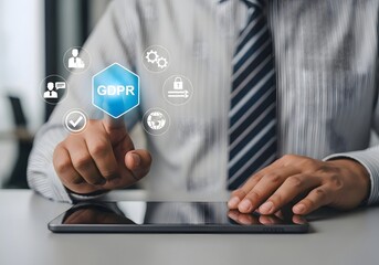 Man touching gdpr icon on digital interface over tablet with tie and shirt in background view