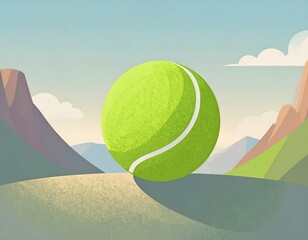 A tennis ball sits atop a hill against a pastel mountain backdrop