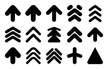 Collection of Black Arrow Icons Pointing Upwards and Other Symbols