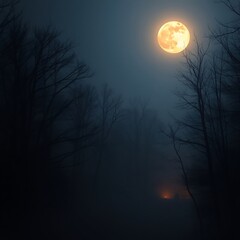 Fototapeta premium Foggy forest with full moon for Halloween