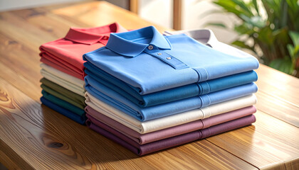 Stack of colorful folded polo shirts on a wooden table, ready for display.