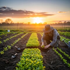 Farmer Planting Seedlings at Sunset.