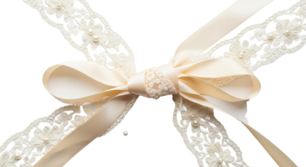 Elegant Cream Satin Ribbon Bow Tied Over Delicate Lace Trim with Pearls isolated PNG with Transparent Background