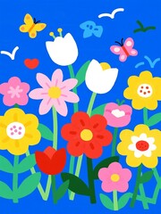 Colorful flowers with butterflies and birds in a vibrant blue background