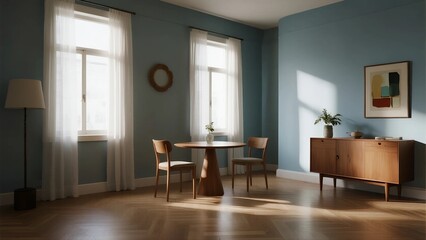 Modern and cozy living room with blue walls and wooden furniture