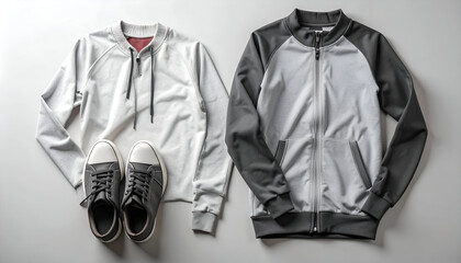 Stylish Athleisure Outfit Flat Lay with Sneakers and Jackets.