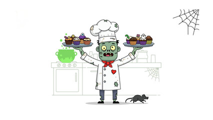 Zombie Chef: An animated zombie chef stands proudly, presenting a vibrant array of creatively decorated cupcakes, with spiderwebs and a cauldron adding festive ambiance.