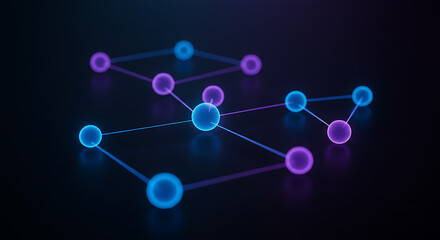 An abstract network of glowing blue and purple nodes connected by lines, representing data, blockchain, or communication in a dark digital space.
