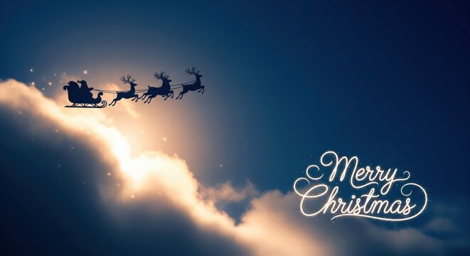 Santa Claus sleight and reindeer silhouette flying showing merry christmas message in the night and clouds