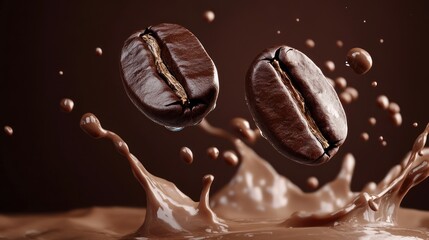 Coffee Beans Splashing into Rich Chocolate: An Exquisite Visual Symphony of Aroma and Taste