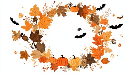 Festive Fall Circle Frame with Colorful Autumn Leaves Mini Pumpkins and Halloween Bat Silhouettes