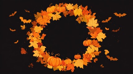 Autumn Halloween Wreath with Orange Fall Leaves Small Pumpkins and Flying Bats on Dark Background